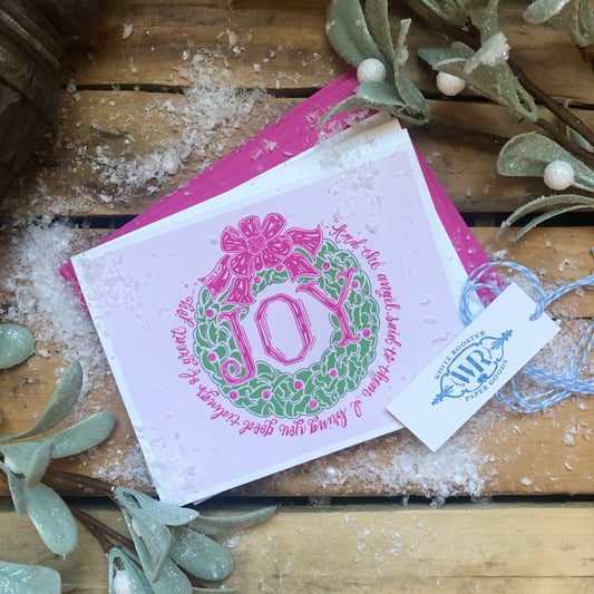 Pink and Green Joy Wreath, Christmas Note Cards